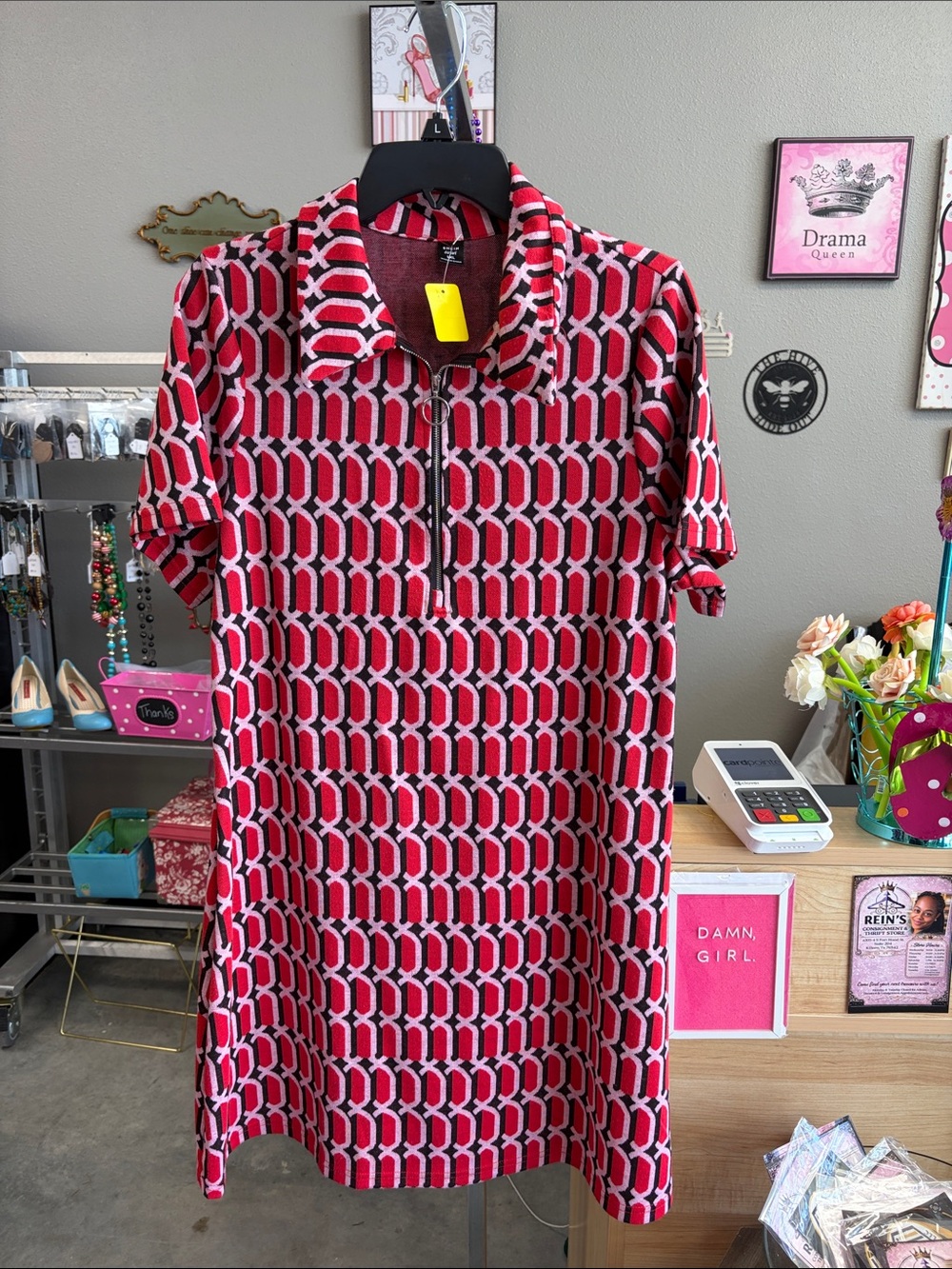 SHEIN Red Pink Geometric Short Sleeve Polo Dress